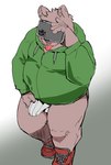 anthro black_nose bulge cellphone clothing electronics hoodie humanoid_hands kemono male overweight overweight_male phone smartphone solo tongue tongue_out topwear underwear osaruyan canid canine mammal 2022 hi_res