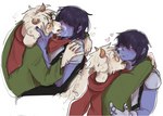 anthro armor blue_body blue_hair blue_skin blush clothing duo eyewear fur glasses hair heart_symbol kerchief kissing licking male male/male na neck_lick robe romantic scarf tongue tongue_out white_body white_fur jetstarred deltarune undertale_(series) kris_(deltarune) ralsei bovid caprine goat human mammal hi_res