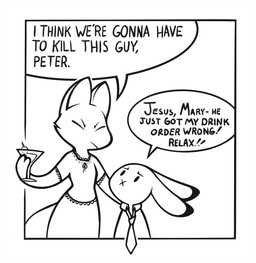 alcohol anthro beverage clothing cocktail cocktail_glass container cup dialogue dress drinking_glass duo female glass glass_container glass_cup male martini necktie text caffeinerabbit mary_(caffeinerabbit) peter_(caffeinerabbit) canid canine fox hare lagomorph leporid mammal rabbit snowshoe_hare comic english_text hi_res line_art monochrome