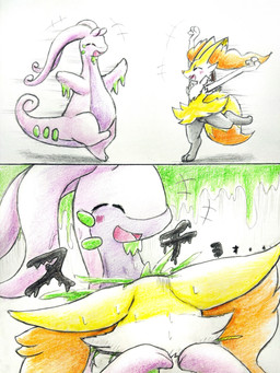 ambiguous_anthro ambiguous_gender anthro blush bodily_fluids crossbar_emanata dipstick_tail duo emanata eyes_closed featureless_chest featureless_crotch flat_chested front_view hug markings nude_ambiguous nude_anthro object_in_tail onomatopoeia open_mouth open_smile rear_view running side_view simple_background slime smile sound_effects stick stick_in_tail sweat sweatdrop tail tail_markings text tongue eiroru mythology nintendo pokemon braixen canid dragon generation_6_pokemon goodra mammal mythological_creature mythological_scalie pokemon_(species) scalie 2024 3:4 colored_pencil_(artwork) comic graphite_(artwork) hi_res japanese_text traditional_media_(artwork) translated