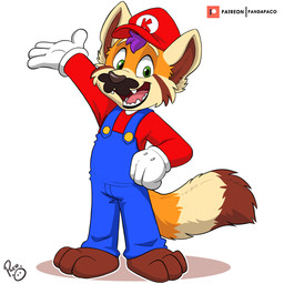 anthro blue_clothing blue_overalls brown_tail clothed clothing costume facial_hair fur glistening glistening_eyes green_eyes hat headgear headwear logo male male_anthro markings mustache open_mouth open_smile orange_body orange_fur orange_tail overalls red_clothing red_hat red_headwear red_topwear simple_background smile solo standing striped_markings striped_tail stripes tail tail_markings tan_body tan_fur tan_tail topwear white_background young young_anthro young_male pandapaco mario_bros nintendo mario ailurid mammal red_panda 1:1 artist_logo full-length_portrait portrait signature
