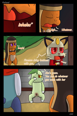 anthro badge biped cloth dialogue fantasy female freckled_face freckles genitals group semi-anthro speech_bubble text vulva vinland nintendo pokemon pokemon_mystery_dungeon spike_chunsoft anders_(infinitydoom) sebastian_(infinitydoom) charmander chikorita generation_1_pokemon generation_2_pokemon generation_5_pokemon meowth oshawott pokemon_(species) 2:3 absurd_res artist_name comic digital_drawing_(artwork) digital_media_(artwork) english_text hi_res shaded simple_shading story