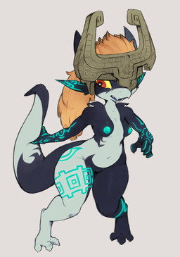 2_horns 3_toes 5_fingers alternate_species anthro areola arm_markings armor barely_visible_genitalia barely_visible_vulva bent_legs biped black_body black_horn breasts claws clothing digitigrade ear_markings fangs feet female female_anthro finger_claws fingers front_view furrification fused_shadow genitals glistening glistening_eyes grey_body hair headgear headgear_only headwear helmet helmet_only holding_own_tail holding_tail horn leg_markings looking_aside looking_at_self markings mostly_nude_anthro mostly_nude_female multicolored_body navel nipples non-mammal_breasts non-mammal_nipples one_eye_obstructed open_mouth orange_hair pointy_ears pupils red_eyes short_stack small_breasts snout solo standing tail tapering_tail teal_areola teal_markings teal_nipples teeth thick_thighs thigh_markings toes two_tone_tail vulva wide_hips yellow_sclera 4chan_anon third-party_edit unknown_artist unknown_colorist nintendo the_legend_of_zelda twilight_princess midna kobold scalie twili 2025 color_edit colored digital_drawing_(artwork) digital_media_(artwork) flat_colors full-length_portrait hi_res portrait