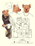 anthro black_nose bow_tie brown_body brown_fur clothing dialogue duo female fur male speech_bubble suit text topwear vest buttscord the_wandering_inn ishkr_silverfang liska_silverfang gnoll hyena mammal comic hi_res