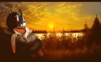 anthro clothed clothing detailed_background duo female forest hug male male/female outside plant sitting smile sunset tree dafka canid canine mammal