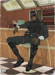 anthro bar bar_counter belt boots breasts chair clothing counter eyewear female footwear furniture glasses gun hat headgear headwear jacket leather leather_clothing leather_jacket leather_topwear male male/female male/male melee_weapon metallic_body muscular peaked_cap prosthetic ranged_weapon shoes solo sweater sword swordbelt topwear turtleneck weapon hoffersanchez coca-cola canid canine canis dobermann domestic_dog mammal pinscher body invalid_tag comic digital_media_(artwork) hi_res