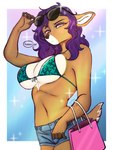 annoyed big_breasts bikini bikini_top bottomwear breasts clothing daisy_dukes denim denim_bottomwear denim_clothing denim_shorts dominant dominant_female eyewear eyewear_on_head female glaring_at_viewer hotpants sassy shopping_bag shorts snooty solo sunglasses sunglasses_on_head swimwear thighs_together two-piece_swimsuit theshadowsshelf animal_humanoid cervine cervine_humanoid deer deer_humanoid humanoid mammal mammal_humanoid 3:4 hi_res