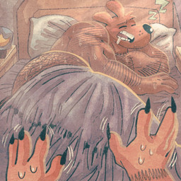anthro arm_hair bed bedding bedroom black_claws black_nose blanket bodily_fluids body_hair butt_hair chest_hair claws drooling duo eyes_closed furniture imminent_sex light male muscular muscular_anthro muscular_male offscreen_character open_mouth saliva sleeping stitch_(sewing) stripes surgical_suture sweaty_hands teeth tongue furryonline1 dog_man_(series) dog_man_(character) petey_the_cat canid canine canis domestic_cat domestic_dog felid feline felis humanoid mammal 1:1 lighting shaded