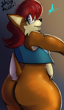 anthro black_nose blue_clothing blue_eyes blue_topwear blue_vest bottomless brown_body brown_fur cheek_tuft clothed clothing eyelashes facial_tuft female fur grey_background hair looking_at_viewer looking_back looking_back_at_viewer rear_view red_hair simple_background smile solo tan_body tan_fur thick_thighs topwear tuft vest wide_hips ashclone sega sonic_the_hedgehog_(series) sally_acorn chipmunk ground_squirrel mammal rodent sciurid