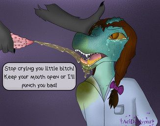 abuse adult_on_young age_difference animal_genitalia anthro bodily_fluids brown_hair crying feline_genitalia female forced genital_fluids genitals hair long_hair male male/female peeing penis profanity tears text urine urine_in_mouth watersports young acid_hyena lourie_parker alligator alligatorid crocodile crocodilian felid feline mammal reptile scalie english_text hi_res young_(lore)