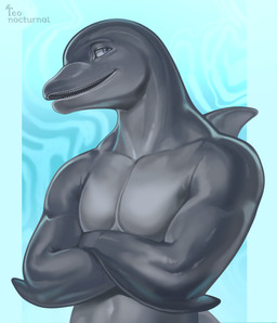 anthro athletic athletic_anthro athletic_male blue_eyes crossed_arms featureless_chest grey_body looking_at_viewer male male_anthro navel open_mouth open_smile sharp_teeth smile solo teeth teonocturnal aquatic bottlenose_dolphin cetacean dolphin mammal oceanic_dolphin toothed_whale 2023 digital_media_(artwork) half-length_portrait hi_res portrait