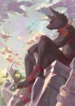 anthro castle detailed_background knife male ribbons solo sunset fall_born_dog canid canine canis domestic_dog mammal absurd_res hi_res