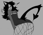 bent_over breasts butt cleavage closed_smile clothed clothing eyelashes fangs female fishnet_clothing fishnet_legwear grey_background hair hair_over_eye legwear long_hair looking_at_viewer looking_back looking_back_at_viewer mouth_closed narrowed_eyes not_furry pointy_ears presenting presenting_hindquarters rear_view shirt simple_background smile solo spade_tail standing tail teeth topwear kaijugrill demon demon_humanoid humanoid tailed_humanoid 2025 digital_media_(artwork) greyscale monochrome sketch