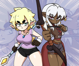big_breasts black_bottomwear black_clothing black_shorts blonde_hair blue_background bottomwear bow_(weapon) breasts brown_clothing brown_gloves brown_handwear brown_topwear clothed clothing dark_body dark_skin duo ear_piercing ear_ring eyebrow_through_hair eyebrows eyelashes female floating_eyebrows front_view gloves green_eyes grey_bottomwear grey_clothing grey_hair grey_skirt hair handwear holding_bow_(weapon) holding_object holding_ranged_weapon holding_staff holding_weapon humanoid_pointy_ears long_hair navel piercing pointy_ears purple_clothing purple_eyes purple_topwear ranged_weapon ring_piercing short_hair shorts simple_background skirt small_breasts staff tan_body tan_skin thick_eyebrows thick_thighs topwear translucent translucent_hair weapon wide_hips jellotsok dark_elf elf humanoid hi_res