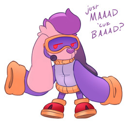 anthro clothing female footwear hair purple_hair red_eyes shoes solo sweater text topwear visor white_body at7outof10 bubsy_(series) bubsy_4d baarbee_(bubsy) bovid caprine mammal sheep english_text