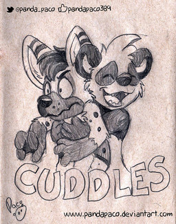 anthro arm_tuft cheek_tuft duo elbow_tuft eyes_closed facial_tuft happy hug hugging_another hugging_from_behind logo male nude open_mouth open_smile smile text tuft young young_anthro young_male pandapaco parinton african_wild_dog bear canid canine giant_panda mammal artist_logo english_text monochrome signature sketch url