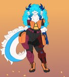 4_ears anthro armor blue_hair blue_lips bottomwear chest_tuft clothing curvy_figure female fluffy fluffy_chest fluffy_tail footwear fur hair horn jacket lips long_hair long_tail multi_ear neck_tuft pants science_fiction shoes tail topwear tuft zortrex mythology cloudy_(zortrex) dragon furred_dragon furred_scalie mythological_creature mythological_scalie scalie absurd_res hi_res