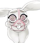 2022 anthro ball_gag bdsm bodily_fluids bondage bound breasts clothed clothing cupless_bra disney doxy eyebrows female gag heart_eyes heart_symbol hi_res ineffective_clothing judy_hopps lagomorph leporid long_ears looking_at_viewer mammal mostly_nude nipples rabbit saliva simple_background small_breasts solo thick_thighs white_background zootopia