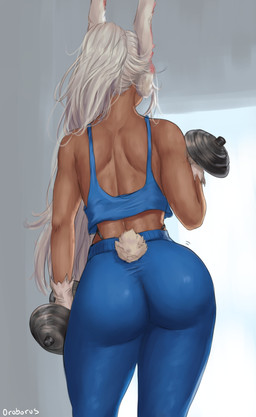 athletic athletic_female athletic_humanoid back_muscles big_butt biped blue_bottomwear blue_clothing blue_pants blue_shirt blue_topwear bottomwear brown_body brown_skin bubble_butt butt clothed clothing dark_body dark_skin dumbbell exercise female fluffy fluffy_tail fully_clothed fur gloves grey_background hair handwear long_hair monotone_body monotone_fur monotone_hair monotone_tail pants ponytail rear_view scut_tail shirt short_tail simple_background solo standing tail tank_top thong_straps tight_bottomwear tight_clothing tight_pants topwear weightlifting weights white_clothing white_gloves white_handwear workout yoga_pants oroborus my_hero_academia rumi_usagiyama animal_humanoid humanoid lagomorph lagomorph_humanoid leporid_humanoid mammal mammal_humanoid quirked_human_(my_hero_academia) rabbit_humanoid absurd_res colored digital_media_(artwork) hi_res shaded