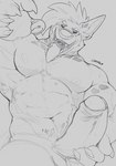 abs anthro collar erection genitals humanoid_genitalia looking_at_viewer low-angle_view male muscular muscular_anthro muscular_male nude open_mouth pecs penis piercing simple_background solo teeth tongue caronte mythology blau_(caronte) dragon fish hybrid marine mythological_creature mythological_scalie scalie shark greyscale monochrome sketch