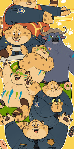 4_fingers anthro anthro_on_anthro belly blue_clothing blush bodypaint bottomwear brown_pawpads candy cellphone chocolate chocolate_doughnut closed_smile clothed clothing dessert doughnut duo electronics face_paint fingers food fully_clothed fur green_bottomwear green_clothing green_shorts grey_body grey_fur happy heart_symbol holding_object holding_phone horn hug hugging_another humanoid_hands looking_at_another male markings mouth_closed necktie open_mouth open_smile outline overweight overweight_anthro overweight_male pastry pawpads phone police police_uniform shorts simple_background smartphone smile snout spots spotted_body spotted_fur tail tan_body tan_fur teeth topless topwear uniform whiskers white_outline yellow_background quanjiang disney zootopia benjamin_clawhauser chief_bogo bovid bovine cape_buffalo cheetah felid feline felis mammal absurd_res colored digital_drawing_(artwork) digital_media_(artwork) flat_colors hi_res multiple_images