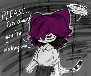 angry black_body black_fur book bottomwear clothing female fur hair half-closed_eyes narrowed_eyes purple_hair school shirt skirt tail text tired topwear upset white_body jiangter veronica_(e254e) domestic_cat felid feline felis humanoid mammal english_text hi_res