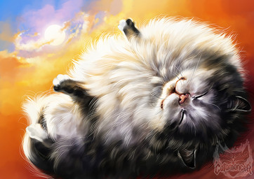 ambiguous_gender day eyes_closed feral fur grey_body grey_fur lying on_back paws poof sky smile solo sun white_body white_fur tamberella domestic_cat felid feline felis mammal digital_media_(artwork)