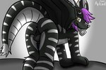 all_fours anthro anus aroused bed black_body black_fur butt cage condom femboy fur furniture genitals hair horn knot lying male penis pink_hair sexual_barrier_device solo deararkind mythology dragon mythological_creature mythological_scalie scalie hi_res