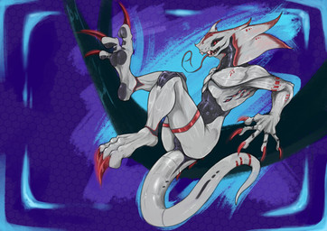 anthro butt claws curvy_figure dominant dominant_male feet long_tail male male/male muscular neon science_fiction sharp_teeth small_waist synthetic tail teeth thick_thighs remer biomechanical reptile scalie snake absurd_res hi_res