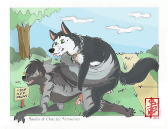 anal animal_genitalia animal_penis anthro anthro_on_feral back_wings balls bestiality bodily_fluids canine_genitalia canine_penis collar doggystyle duo feral feral_on_top folded_wings from_behind_position genital_fluids genitals grass humping knot knotting male male/male on_grass on_ground open_mouth park penis plant precum sex simple_background sound_effects text tongue tongue_out wings fennec_(artist) chazwolf raidus canid canine canis mammal wolf digital_media_(artwork) english_text