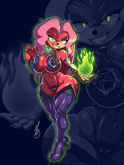 anthro armor big_breasts bikini_armor breasts camel_toe clothing colored_fire evil_grin female fire green_fire legwear nails satanic_symbol sharp_nails skull_accessory smile smug_grin solo thigh_highs unconvincing_armor barely_sly archie_comics sega sonic_the_hedgehog_(archie) sonic_the_hedgehog_(comics) sonic_the_hedgehog_(series) lien-da echidna mammal monotreme 3:4 hi_res