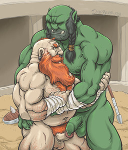 5_fingers arm_grab balls beard black_hair bodily_fluids body_hair chest_hair duo ear_piercing erection eye_contact eye_scar facial_hair facial_scar fight fingers genitals green_body green_eyes hair half-erect hand_on_belly hand_on_butt humanoid_genitalia humanoid_on_humanoid humanoid_penis looking_at_another male male/male melee_weapon mohawk muscular nipples not_furry nude penis piercing polearm pubes red_eyes scar shield spear sweat vein veiny_penis weapon dudebulge dwarf human humanoid mammal orc 2018 absurd_res hi_res signature