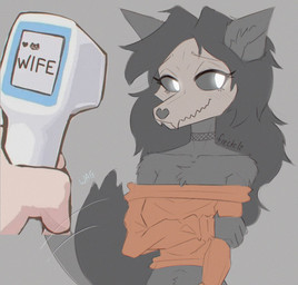 anthro anthro_focus black_hair chest_tuft clothing collarbone duo female fingers fur fur_tuft glowing glowing_eyes hair hand_on_arm holding_arm holding_object orange_clothing orange_topwear solo_focus topwear tuft white_eyes wife freckelz scp_foundation mal0 scp-1471-a canid canine human mammal 2025