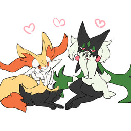 3_fingers 3_toes ambiguous_anthro ambiguous_gender anthro arm_tuft big_tail biped black_body black_fur cheek_tuft chest_tuft closed_smile digitigrade dipstick_tail duo facial_tuft feet fingers flesh_fang fluffy fluffy_tail front_view fur green_body green_fur green_tail hand_on_cheek heart_symbol hip_tuft inner_ear_fluff looking_at_viewer markings mask mouth_closed multicolored_body multicolored_fur nude_ambiguous nude_anthro open_mouth open_smile orange_body orange_eyes orange_fur orange_inner_ear_fluff orange_nose orange_tail_tip pink_eyes pink_nose pointy_ears prick_ears shoulder_tuft simple_background sitting smile snout tail tail_markings toes tuft two_tone_tail wearing_mask white_background white_body white_fur yellow_body yellow_fur tattanbu nintendo pokemon braixen canid generation_6_pokemon generation_9_pokemon mammal meowscarada pokemon_(species) 1:1 2023 absurd_res colored digital_drawing_(artwork) digital_media_(artwork) flat_colors hi_res japanese_description translated_description