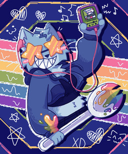 :3 ^w^ album_reference anthro blue_body blue_clothing blush blush_lines blush_stickers clothing countershading cutlery dripping electronics eyewear female glasses headphones heart_symbol hidden_eyes highlights_(coloring) hoodie kitchen_utensils listening_to_music musical_note musical_symbol paint paint_splatter phone rainbow_paint sharp_teeth solo spork star_glasses star_symbol symbol teeth text tools topwear xd bloop_uwu lapfox_trax bloop_(bloop_uwu) kitsune² domestic_cat felid feline felis mammal 5:6 artist_name hatching_(art) hi_res picture_in_picture shaded nonbinary_(lore)