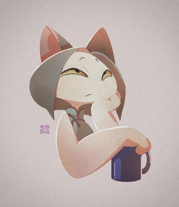 anthro clothing container cup female fur hand_on_chin looking_up mug pink_inner_ear simple_background solo topwear white_body white_fur yellow_eyes fu_go_fu_go felid feline felis mammal