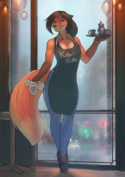 anthro apron beverage black_nose blue_eyes bottomwear breasts brown_body brown_fur brown_hair cafe cleavage clock clothed clothing coffee container cup denim denim_bottomwear denim_clothing dipstick_tail eyebrows female fluffy fluffy_tail fur gloves_(marking) hair heart_symbol holding_object inside jeans markings multicolored_tail pants ponytail red_body red_fur solo standing tail tail_markings torn_bottomwear torn_clothing torn_jeans torn_pants waiter watch window woadedfox niina_(woadedfox) canid canine fox mammal 2017 absurd_res full-length_portrait hi_res portrait signature
