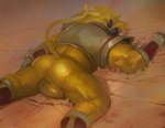 absurd_res anthro backsack balls butt dragon_ball dragon_ball_gt dragon_ball_z fur genitals goroguro hi_res lying male mammal nude on_front oozaru oozaru_baby perineum primate saiyan simple_background solo unconscious_male yellow_balls yellow_body yellow_fur yellow_perineum