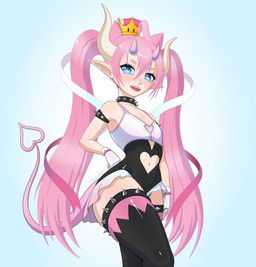 4_fingers 4_horns armband bent_arm black_armband black_clothing black_collar black_knee_socks black_leotard blue_background blue_eyes blush clothing collar crown curved_horn eyebrows eyelashes female fingerless_gloves fingers flat_chested gloves hair hand_on_hip hand_on_own_hip handwear headgear heart_cutout horn humanoid_pointy_ears legband leotard light long_hair multi_horn navel not_furry open_mouth open_smile pigtails pink_eyebrows pink_hair pink_ribbon pink_tail pink_tongue pointy_ears pose pupils purple_horn sharp_teeth short_horn simple_background small_horn smile solo spade_tail spiked_armband spiked_collar spiked_legband spikes star_pupils super_crown tail tan_body tan_horn tan_skin teeth text thick_thighs tongue white_clothing white_gloves white_handwear white_pupils funkybacon mario_bros nintendo vtuber chibidoki horned_humanoid humanoid tailed_humanoid 2023 artist_name colored digital_drawing_(artwork) digital_media_(artwork) english_description hi_res lighting meme portrait three-quarter_portrait