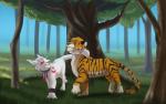 detailed_background druid duo female feral forest magic_user male nature outside plant purple_eyes sky tree tribal_spellcaster malaika4 blizzard_entertainment warcraft kato_(tiger) felid mammal night_elf_(feral) pantherine siberian_tiger tiger