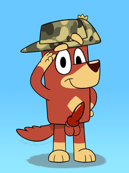 animal_genitalia animal_penis anthro camo camo_print canine_genitalia canine_penis clothing eyebrows fur genitals gesture gloves_(marking) gradient_background hand_on_hip hat headgear headwear leg_markings looking_at_viewer male markings military_hat multicolored_body multicolored_fur penis raised_eyebrow red_body red_fur salute shadow simple_background slouch_hat smile smiling_at_viewer socks_(marking) solo yellow_body yellow_fur young young_male slightlyarousedguy bluey_(series) rusty_(bluey) australian_kelpie canid canine canis domestic_dog herding_dog mammal pastoral_dog sheepdog 3:4 hi_res shaded signature