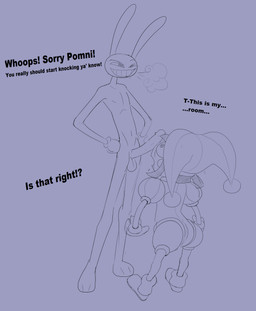 anthro balls bodily_fluids breath butt clothing clown dialogue drooling duo female fool's_hat footwear genitals gloves handwear hat headgear headwear jester male male/female nude paws penis penis_on_face rabbit_ears saliva service_height shoes simple_background size_difference slim smile surprised sweat tall villegreen glitch_productions the_amazing_digital_circus jax_(tadc) pomni_(tadc) humanoid lagomorph leporid mammal rabbit hi_res monochrome sketch
