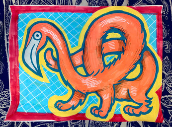 abstract_background ambiguous_gender feral fur illuminated_manuscript looking_at_viewer quadruped solo saintlycharles avian bird felid flamingo hybrid mammal 2022 hi_res marker_(artwork) traditional_media_(artwork)