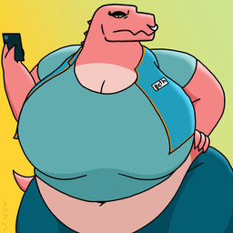 anthro belly big_belly big_breasts breasts clothing electronics facial_piercing female huge_breasts hyper hyper_breasts larger_female looking_at_viewer nose_piercing nose_ring orange_eyes overweight overweight_female phone piercing pink_body ring_piercing septum_piercing size_difference solo thick_thighs topwear vest wide_hips m4n beth_(ncs) crocodilian reptile scalie 1:1 absurd_res hi_res