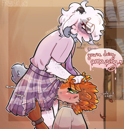 anthro anthro_on_anthro anthro_penetrated anthro_penetrating anthro_penetrating_anthro blush blushing_profusely bodily_fluids bottomwear clothed clothing clothing_lift crossdressing dreamy_eyes drooling duo ear_piercing ear_ring feathers fellatio femboy femboy/femboy freckles fur hair hair_grab humping male male/male male_penetrated male_penetrating male_penetrating_male mall moan onomatopoeia oral penetration penile penis_in_mouth piercing public public_sex raised_bottomwear raised_clothing raised_skirt ring_piercing saliva sex skirt skirt_lift sound_effects speech_bubble sweat text touching_hair under_skirt wool_(fur) froskury fros_(froskury) isaac_(maxioutilmystere) bovid caprine dinosaur feathered_dinosaur feathered_scalie mammal prehistoric_species reptile scalie sheep english_text hi_res