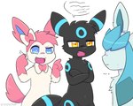 2024 4_fingers 5:4 ambiguous_gender anthro anthrofied arm_markings biped black_body black_ears black_fur black_tail blue_body blue_ears blue_eyes blue_fur blue_inner_ear blue_markings blue_tail bow_(feature) canid colored crossed_arms cuckoo_sign cute_fangs dialogue digital_media_(artwork) ear_bow ear_markings eeveelution ellipsis eyebrows facial_markings fingers forehead_markings front_view fur generation_2_pokemon generation_4_pokemon generation_6_pokemon gesture giyuyuchan glaceon gloves_(marking) group hand_gesture head_markings head_tuft hi_res illegible_text kemono leg_markings looking_at_another male male_anthro mammal markings monotone_tail multicolored_body multicolored_fur multicolored_tail neck_bow nintendo nude open_mouth open_smile pink_body pink_ears pink_fur pink_tail pointing pointing_at_another pokemon pokemon_(species) pokemorph pupils raised_eyebrow ring_(marking) shaded shiny_pokemon simple_background smile speech_bubble standing sylveon tail tail_markings trio tuft two_tone_body two_tone_fur two_tone_tail umbreon white_background white_body white_fur white_pupils yellow_eyes