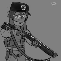 ambiguous_gender anthro clothed clothed_ambiguous clothed_anthro clothing fully_clothed fully_clothed_ambiguous fully_clothed_anthro grey_background gun hat headgear headwear holding_gun holding_object holding_ranged_weapon holding_shotgun holding_weapon military_uniform ranged_weapon shotgun simple_background solo uniform weapon bravobunny lagomorph leporid mammal rabbit greyscale monochrome portrait three-quarter_portrait