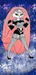 anthro blue_background boots button_nose clothing female fist flexing footwear fur gem green_hair hair headgear high_boots high_heeled_boots high_heels legwear long_hair looking_at_viewer pink_hair shoes simple_background smile solo tail thigh_boots thigh_highs uniform white_body white_fur renv bucky_o'hare_(series) jenny_(bucky_o'hare) lagomorph leporid mammal rabbit hi_res signature