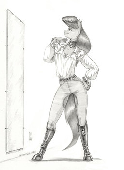 anthro anthrofied boots bottomwear breasts cleavage clothed clothed_female clothing female footwear fur hair hooves mirror pants shirt shoes solo tail topwear baron_engel friendship_is_magic hasbro my_little_pony octavia_(mlp) equid equine horse mammal pony 2026 greyscale hi_res monochrome