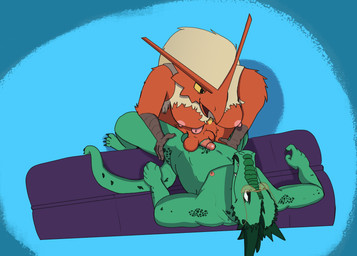 anthro balljob balls beak breasts claws duo eye_contact fangs finger_claws flat_shading fur furniture genital_piercing genitals grabbing_both_legs green_body green_scales gynomorph horn intersex intersex/male leg_grab looking_at_another male nipples open_mouth open_smile orange_body orange_fur penis penis_piercing piercing pink_nipples scales simple_background sitting smile sofa standing tail teeth toe_claws speence_(artist) nintendo pokemon zed_(incogneat-o) avian blaziken generation_3_pokemon lizard pokemon_(species) reptile scalie 2026 absurd_res colored hi_res shaded